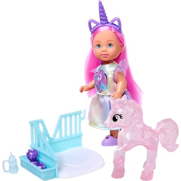 SIMBA Evi Love Babypuppe, 12 cm große Puppe im Einhornkleid mit Einhorn, Stall und Zubehör