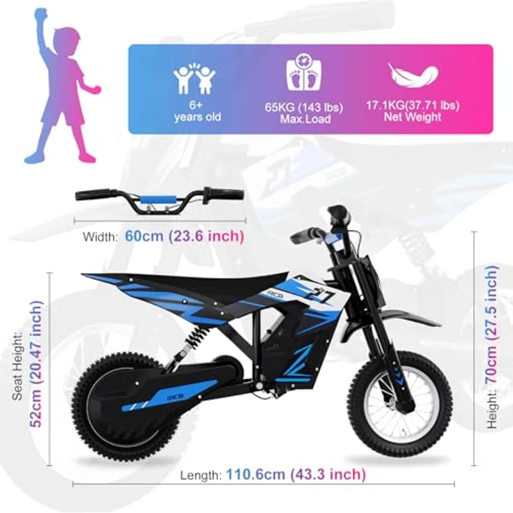 RCB R9X Elektro Motorrad Kinder, 12 Zoll Luftreifen, 300 W Motor, 5,2Ah Akku, 3 Geschwindigkeitsmodi bis 25 km/h, Reichweite 17 km, Moto Crossbike für Kinder – Bild 5