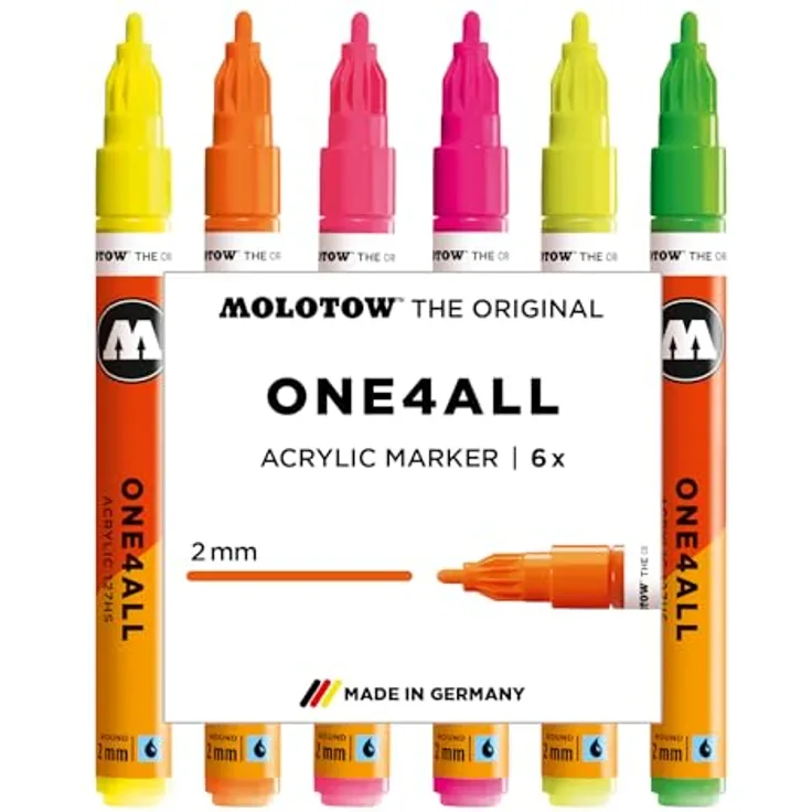 Molotow One4All 127HS Acryl Marker Neon Set (2,0 mm Strichstärke, hochdeckend und permanent, schnell trocknend, nachfüllbar) 6 Stück sortiert, Neonfarben