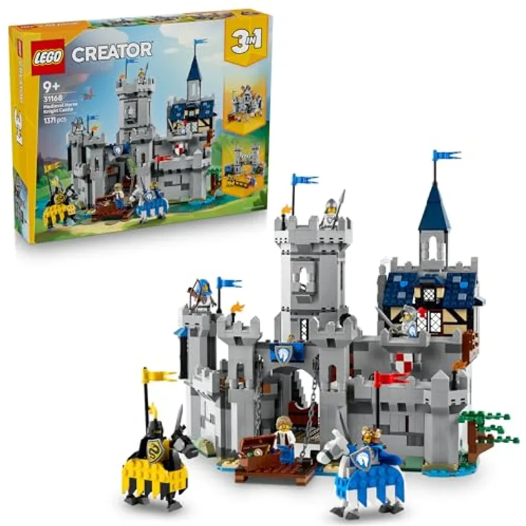 LEGO Creator 3-in-1 Ritterburg im Mittelalter, Bauset mit 6 Minifiguren und 2 Pferden, umwandelbar in Turnierplatz oder Stadt, Geschenk für Kinder ab 9 Jahren 31168