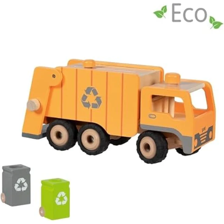 goki 55848 Müllwagen Eco aus Holz, lenkbar über Drehknopf, mit Heck-Hebevorrichtung und 2 Mülltonnen, 36 × 16 × 17,5 cm – Bild 2