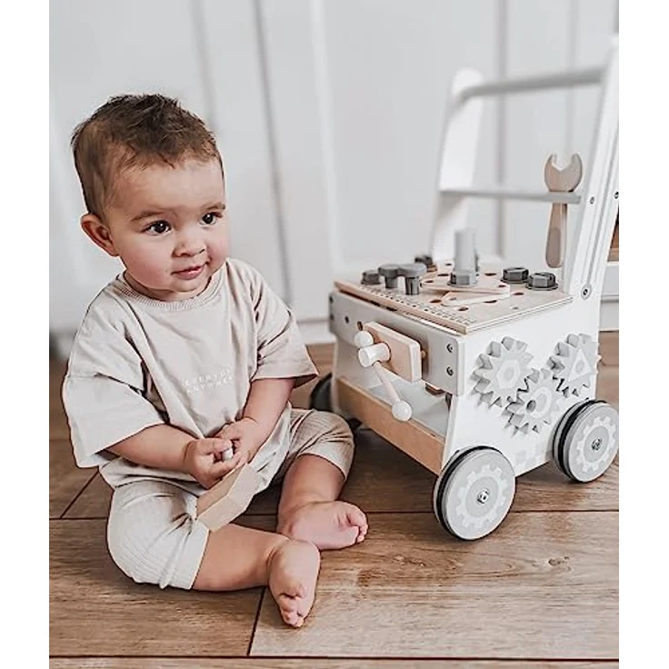 Mamabrum Lauflernwagen aus Holz mit Gummibereifung, Lauflernhilfe-Laufwagen für Kinder, Baby Walker, Babyspielzeug, Holzspielzeug, Sortierer, Werkzeugbank für Kinder aus Holz - Preisvergleich – Bild 3