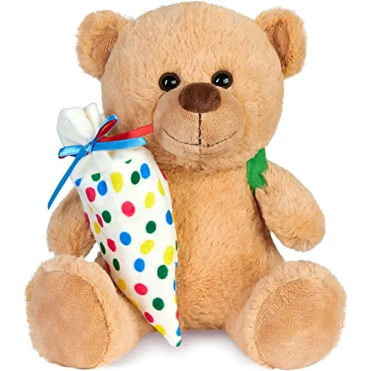 BRUBAKER Teddy Plüschbär mit Schulranzen und Schultüte zum Befüllen Bunt - 25 cm Teddybär für Einschulung Schulanfang Schule - Plüschteddy mit Rucksack - Kuscheltier Schmusetier Stofftier