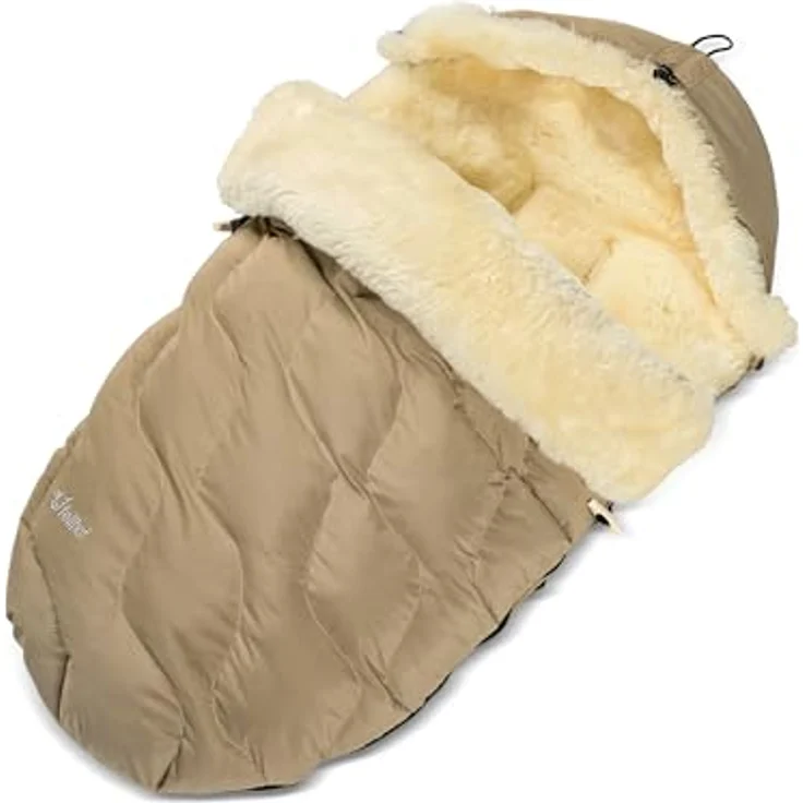 Fellhof® Lammfell Fußsack Kinderwagen WINTERBERG, OEKO-TEX® zertifiziert, wind- und wasserdicht, 50x98 cm, beige, waschbar bis 30°C, mit verstellbaren Gurtschlitzen – Bild 1