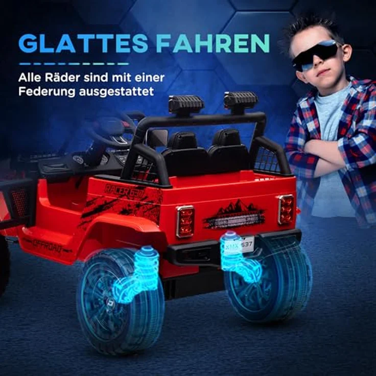 AIYAPLAY Elektro-Kinderauto mit Musikanschluss, 2,4G Fernbedienung, Scheinwerfer, Hupe, 3-5 km/h, Belastbarkeit 50 kg, Rot – Bild 4