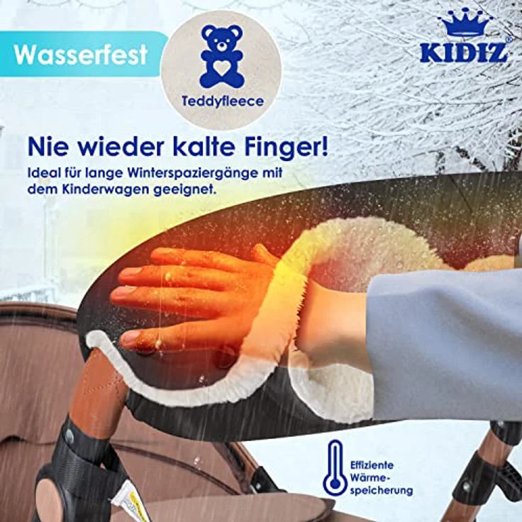 KIDIZ® Handwärmer Kinderwagen Handschuhe Handmuff Kinderwagenmuff mit warme Plüschmaterial Fleece und Baumwolle Innenseite Wasserdicht Winddicht Handwärmer Universalgröße für alle Kinderwagen Buggy Anthrazit – Bild 4