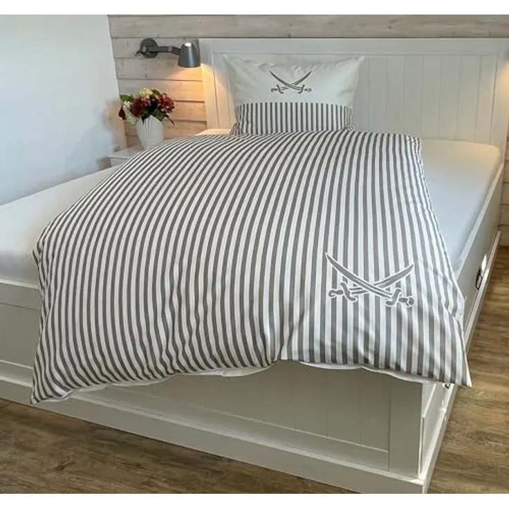 Sansibar Lighthouse Wendebettwäsche, 2-teilig, Streifendesign, 100% Baumwolle, beige, 135 x 200 cm, mit Digitaldruck und verdecktem Reißverschluss