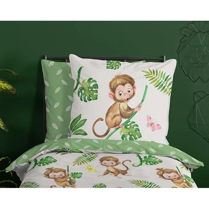 Good Morning Kinder Bettwäsche 135x200 Play Affen Äffchen Dschungel Monstera Blätter Wende grün 31198, 100% Baumwolle, Öko-Tex Standard 100 – Bild 3