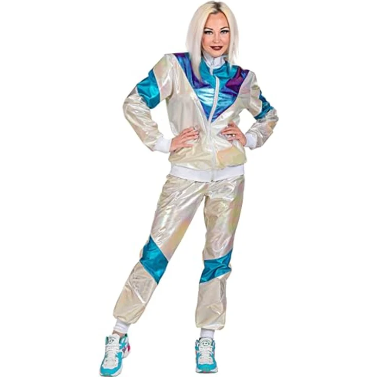 W WIDMANN MILANO Party Fashion Kostüm Trainingsanzug, Retro-Style 80er Jahre Jogginganzug in holografischem Weiß, Größe L für Karneval & Party – Bild 3