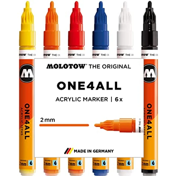Molotow One4All 127HS Acryl Marker Basic-Set 1 (2,0 mm Strichstärke, hochdeckend und permanent, UV-beständig, für fast alle Untergründe) 6 Stück sortiert, weiß – Bild 1