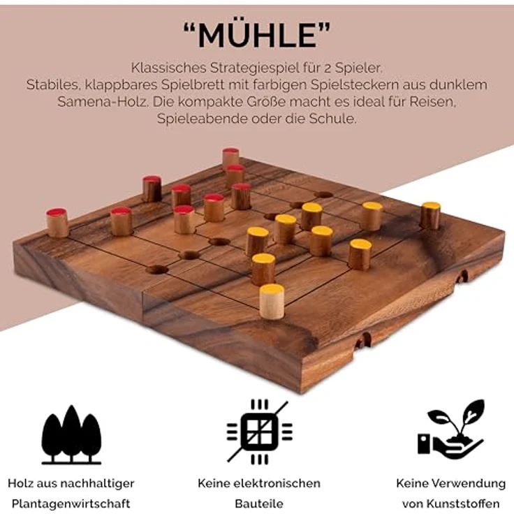 LOGOPLAY Spiel Mühle Gr. XL klappbar, Gesellschaftsspiel für 2 Spieler, mit farbigen Steckern und stabilem Holzkasten, gelb/rot – Bild 4