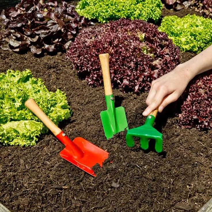 Windhager Kinder-Schaufel Set 3-teilig mit Rechen, grün/rot - kindgerechte Werkzeuge für kleine Gärtner – Bild 2