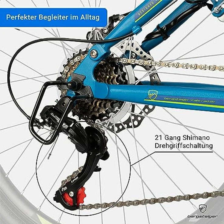 Bergsteiger Broome 26 Zoll Kinderfahrrad, Shimano 21 Gang-Schaltung, StVZO, Mountainbike mit Vollfederung, Scheibenbremsen & Dynamo-Licht, geeignet für 8, 9, 10, 11, 12, 13 Jahre, Jungen & Mädchen – Bild 3