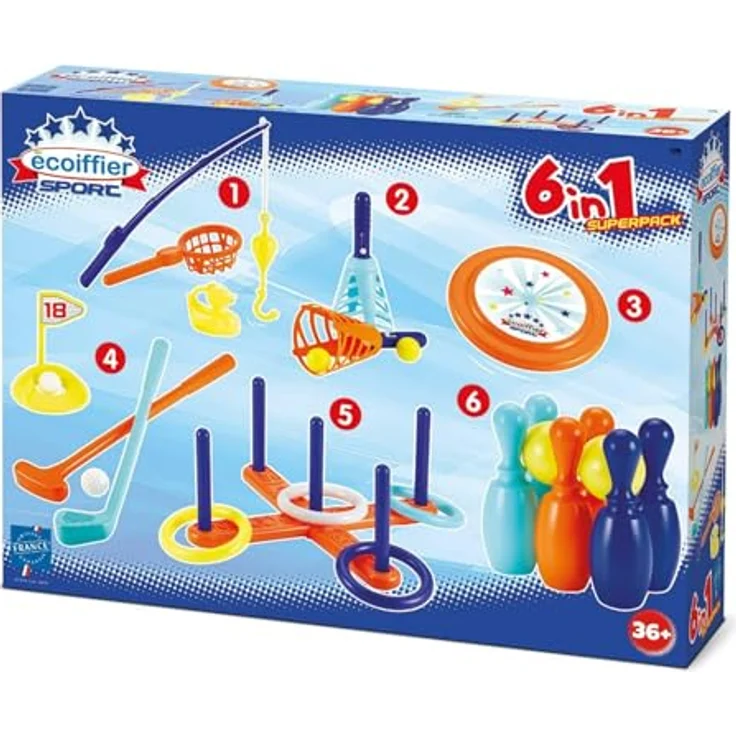 Ecoiffier Sportset 6in1, vielseitiges Outdoor-Sandspielzeug mit Entenangel, Frisbee, Golfspiel, Ballwurf, Ringwurf und Bowling, für Kinder ab 3 Jahren – Bild 2