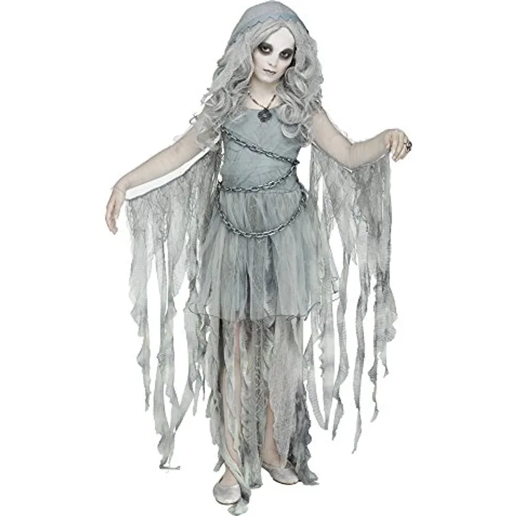 Fun World Division Geisterprinzessin Kostüm, zweiteiliges Kapuzenkleid mit Kette, Größe 152-164, 100% Polyester