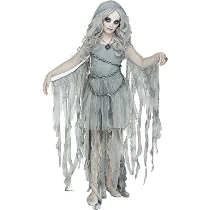 Fun World Division Geisterprinzessin Kostüm, zweiteiliges Kapuzenkleid mit Kette, Größe 152-164, 100% Polyester – Bild 1
