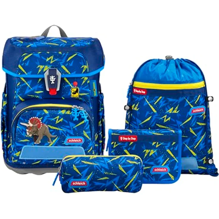 Step by Step Schulranzen-Set Cloud schleich® Dinosaurs Triceratops, 5-teilig, ergonomischer Tornister mit Reflektoren, höhenverstellbar, blau-gelb, 19L