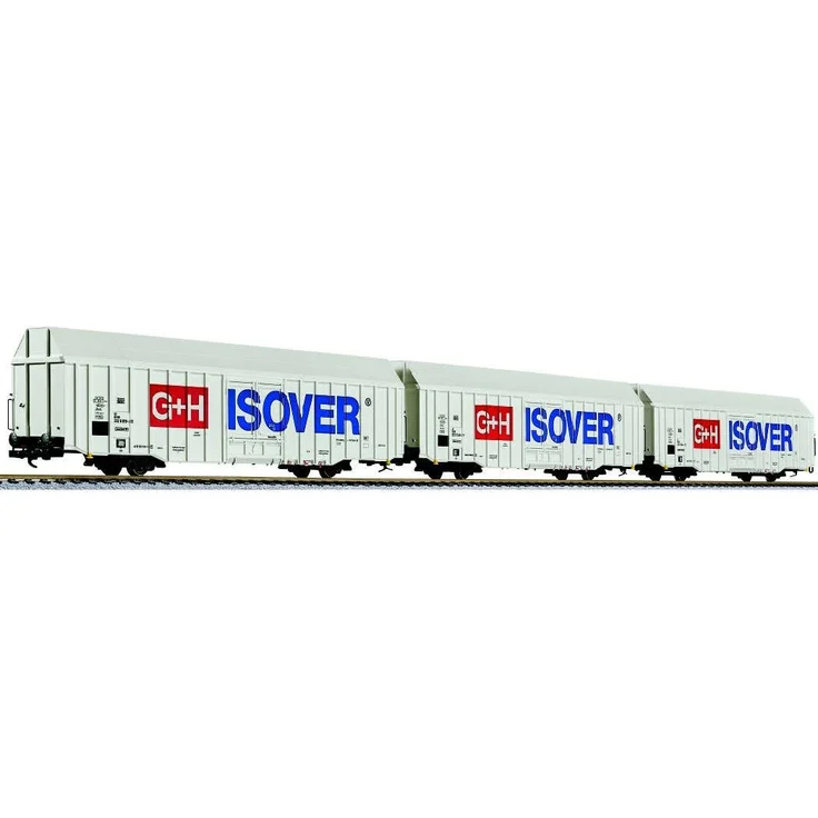 Liliput DB 3-tlg. Set grossräumiger Güterwagen Hbbks G+ (H0), Modelleisenbahn-Wagen der DB AG, ISOVER, Liliput (blau) – Bild 1