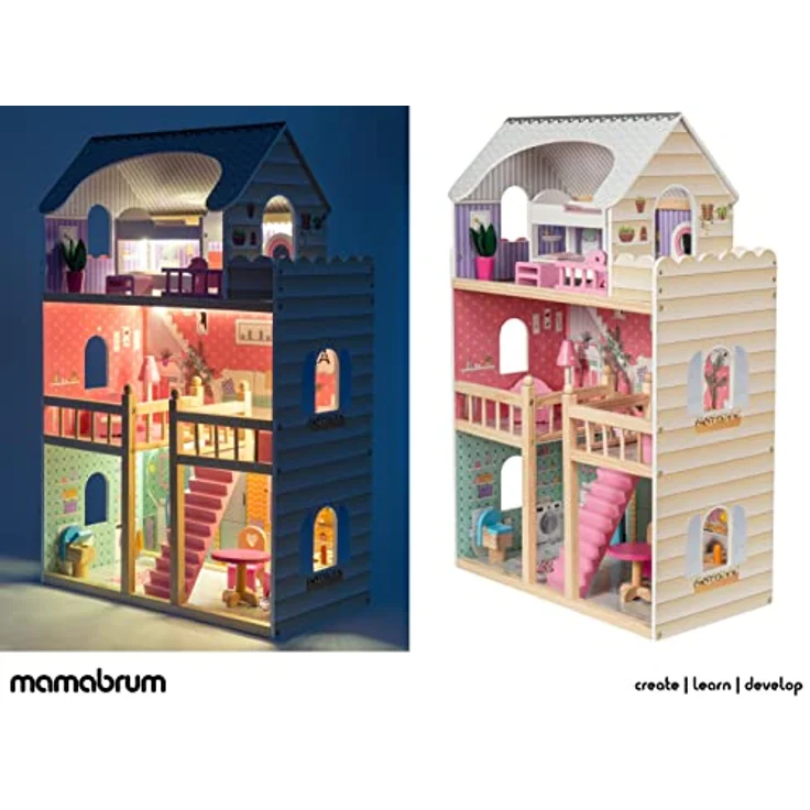 mamabrum Großes HOLZPUPPENHAUS (MDF) mit LED-Beleuchtung, Pastellfarben, 3 Etagen, 15 Möbelstücke | Geschenk für EIN Mädchen, ab 3 Jahre – Bild 2