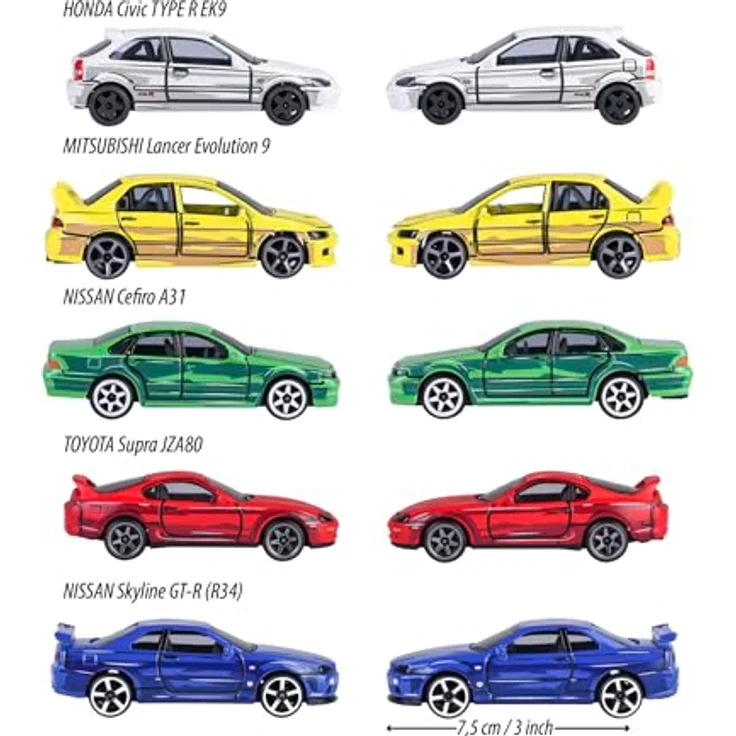 Majorette Japan Series - Auto-Set mit 5 Spielzeugautos aus Metall im Anime-Stil, je 7,5 cm, inklusive Honda Civic TYPE R (weiß), Nissan Cefiro (grün), Nissan Skyline GT-R (blau), Toyota Supra (rot), Mitsubishi Lancer (gelb), mit Freilauf, Federung & öffnendem Teil, für Sammler und Kinder ab 3 Jahre – Bild 3