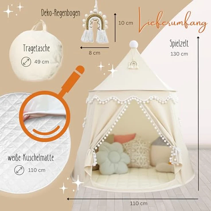 LIONHERZ® Spielzelt Märchenschloss, atmungsaktives Baumwoll-Hanf-Gewebe, cremeweiß mit Fiberglasstangen, Tasche, Matte und Deko für Kinder – Bild 5