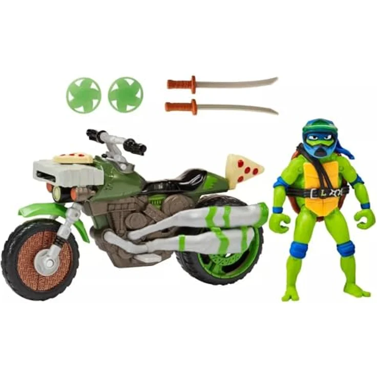 Boti Europe Trl Drive N Kick Cyc, Sammelfigur mit detailreicher Leonardo-Actionfigur und beweglichen Positionen, Motorrad mit Doppelauspuff und Pizza-Details – Bild 2