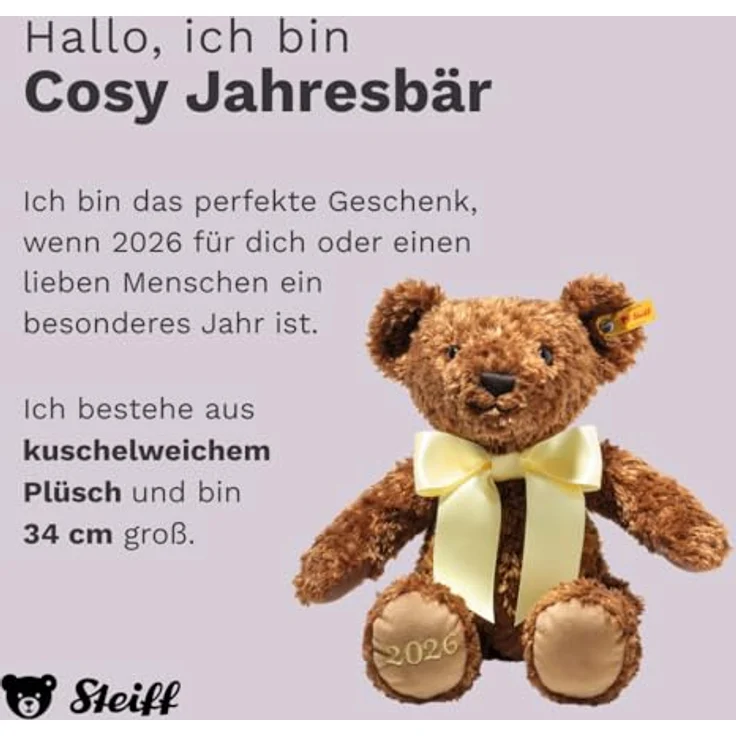 Steiff Cosy Jahresbär 2026, Plüschtier 34 cm, braun, handgefertigter Teddybär mit gestickter Jahreszahl und waschbar bei 30 °C – Bild 2