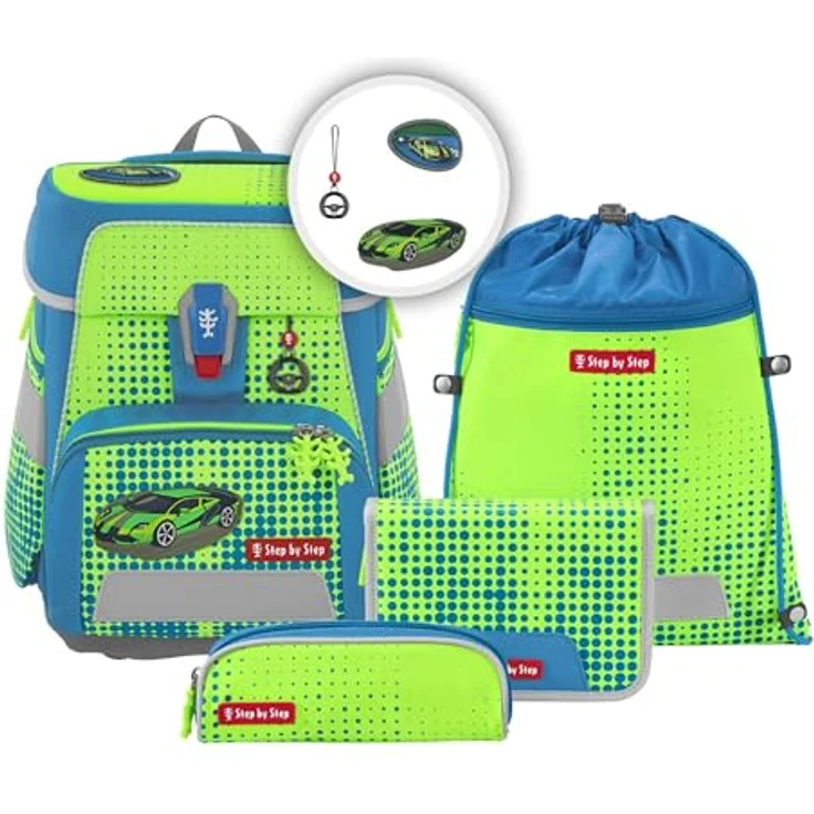 Step by Step Schulranzen-Set Space NEON Race Car Chuck, 5-teilig, grün, ergonomischer Tornister mit Reflektoren, höhenverstellbar mit Hüftgurt, 20l – Bild 1