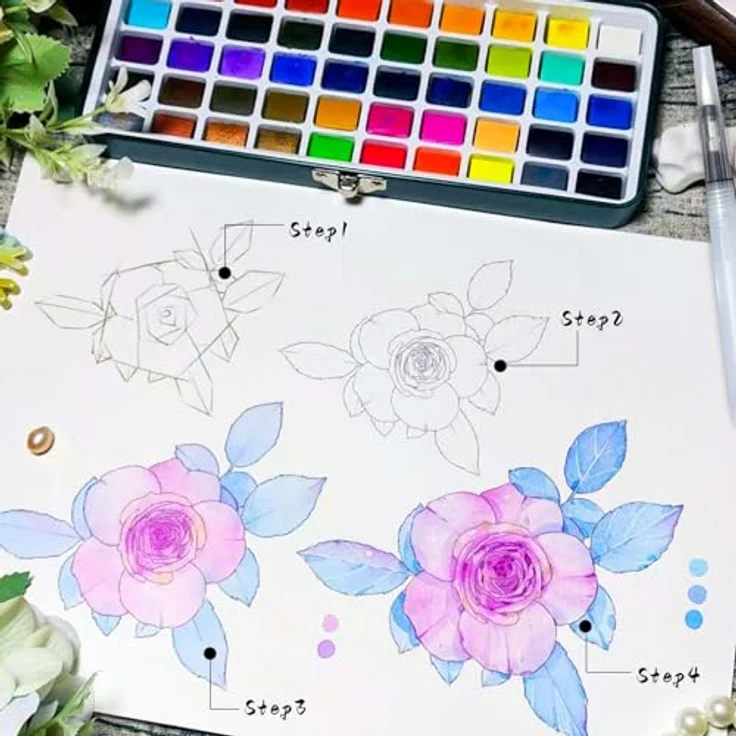 Artecho Aquarellfarben Set 168 Farben, Tragbare Box mit 12 fluoreszierenden, 48 metallic, 24 macaron und 84 klassischen Farben, inklusive Pinsel und Aquarellpapier für Künstler und Hobbymaler – Bild 4