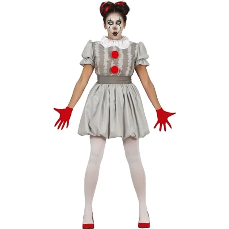 FIESTAS GUIRCA Clown Kostüm für Damen, graues Kleid Größe S 34-36 mit Halskrause und Gürtel
