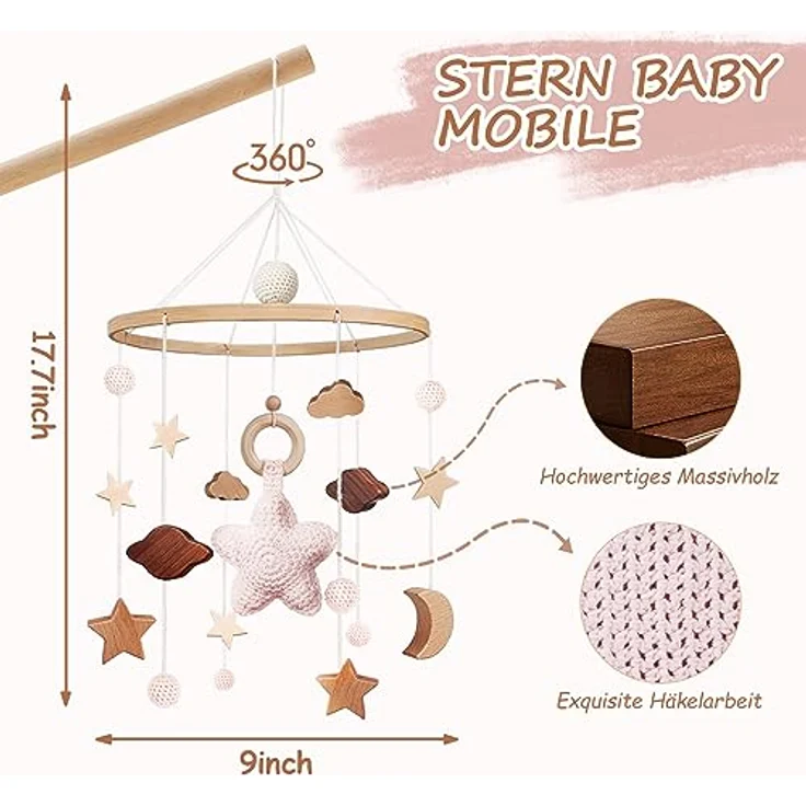 SWECOMZE Mobile Babybett, Baby Spielzeug mit Häkeln Stern, Mond und Wolken, Rosa, aus natürlichen Materialien, für beruhigende Schlafatmosphäre – Bild 2
