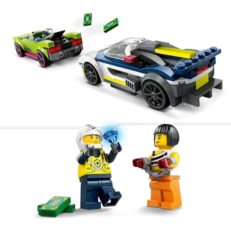 LEGO City Verfolgungsjagd mit Polizeiauto und Muscle Car, Auto-Spielezug mit 2 Rennautos, Polizei-Geschenk für Kinder, Jungs und Mädchen ab 6 Jahren, Set mit Polizist und Ganovin-Minifiguren 60415 – Bild 4