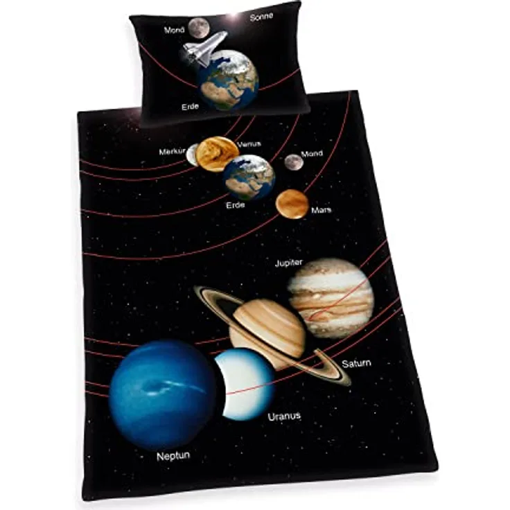 Herding Young Collection Bettwäsche-Set, Sonnensystem Wendemotiv, Kopfkissenbezug 65 x 100 cm, Bettbezug 160 x 210 cm, Mit leichtläufigem Reißverschluss, 100% Baumwolle/Renforcé, Schweizer Größe