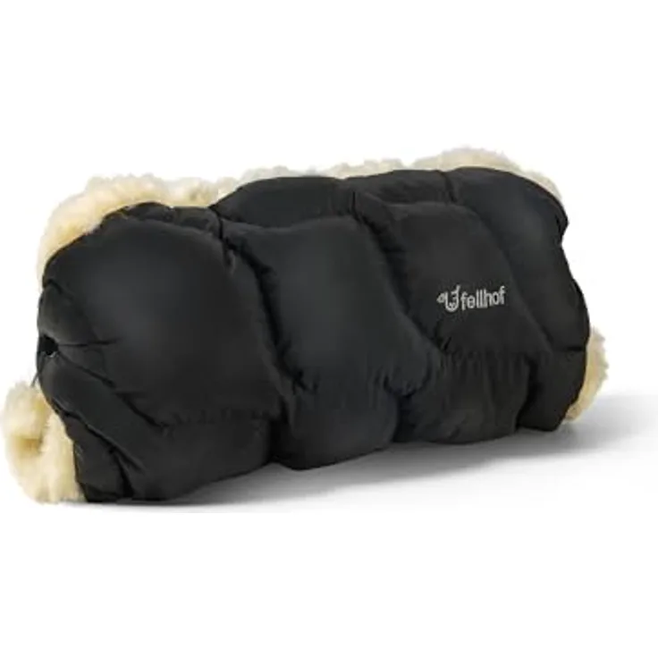 Fellhof® Kinderwagen Handwärmer Winterberg, 100% Merino-Lammfell, wind- und wasserabweisend, reflektierende Streifen, OEKO-TEX® zertifiziert, Universalgröße für alle Kinderwagen, schwarz