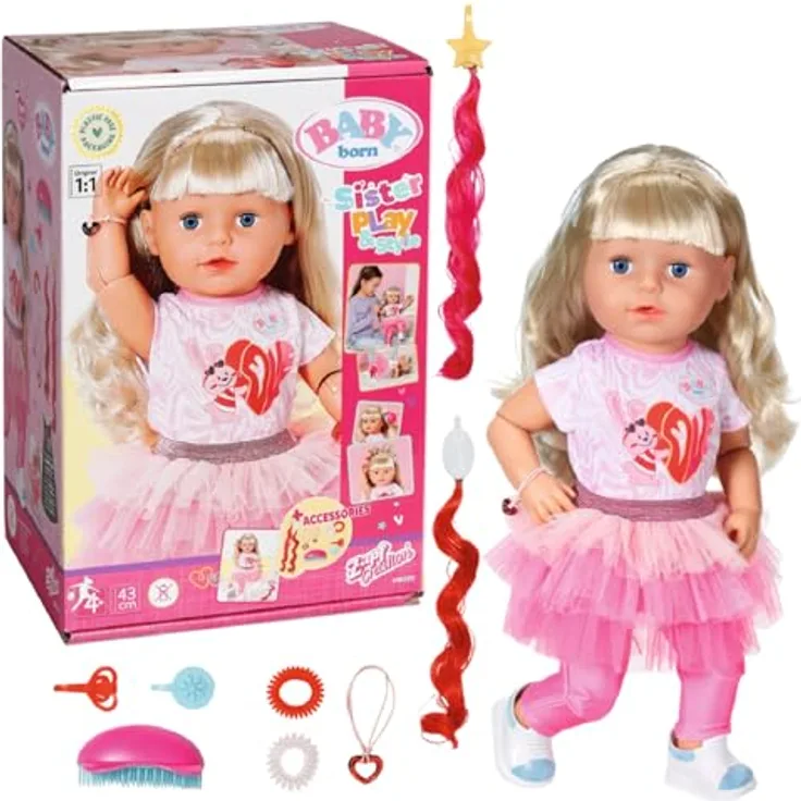 BABY born Sister Play & Style 43cm mit 7 lebensechten Funktionen ohne Batterien, inkl. Outfit und BABY born Zubehör für Haarstyling, beweglicher Kopf, Arme, Beine und Hüfte, 835401, Zapf Creation