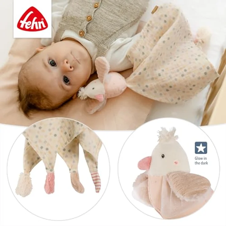 Fehn Musselin-Schmusetuch Vogel - Kuscheliges Schnuffeltuch für Babys mit Glow-in-the-dark Bestickung, 40 cm, Mehrfarbig – Bild 5