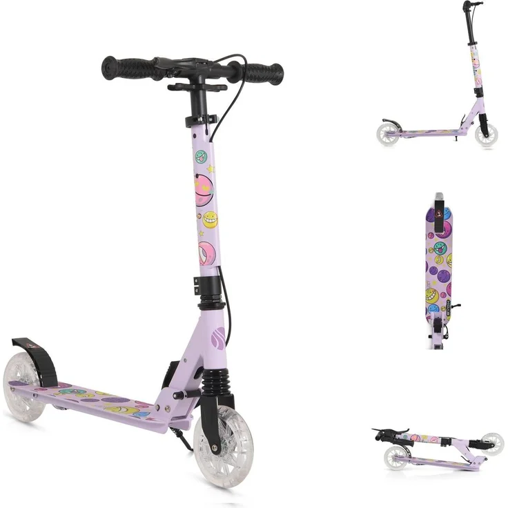 Byox Kinderroller Snazzy, faltbar mit Hinterradbremse, Seitenständer und LED-Rädern, 100 kg, lila