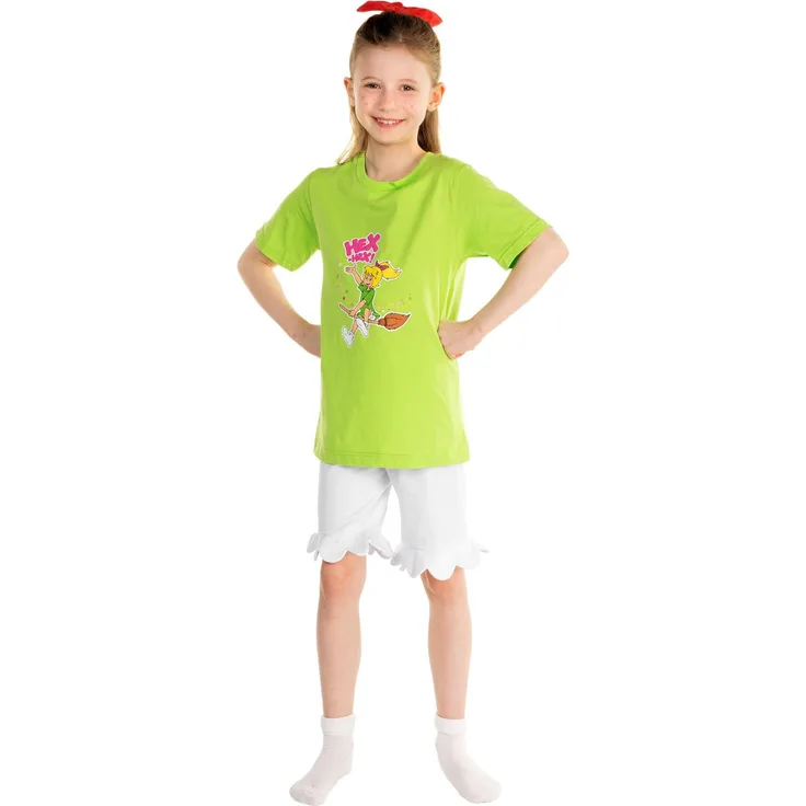 Maskworld Bibi Blocksberg Kostüm für Kinder, knallgrünes Shirt, weiße Rüschenhose, mit rotem Haargummi und "HEX-HEX!" Print, Größen 146-152