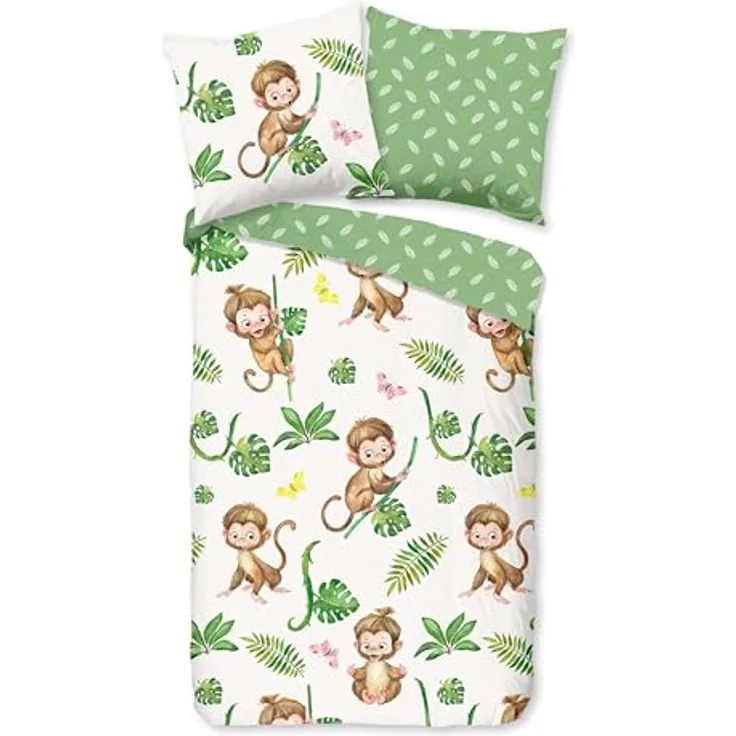 Good Morning Kinder Bettwäsche 135x200 Play Affen Äffchen Dschungel Monstera Blätter Wende grün 31198, 100% Baumwolle, Öko-Tex Standard 100