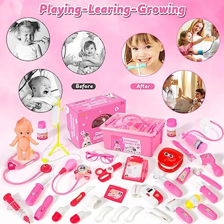 Fivejoy 43Stk Arztkoffer Kinder ab 3 Jahre, Doktorkoffer Kinder Rollenspiel Spielzeug mit Rosa Arztkittel and Puppe, Doktor-Spiel-Set Medizinischer Koffer Geschenk für 3 4 5 Jährige Mädchen(Rosa) - Preisvergleich – Bild 6