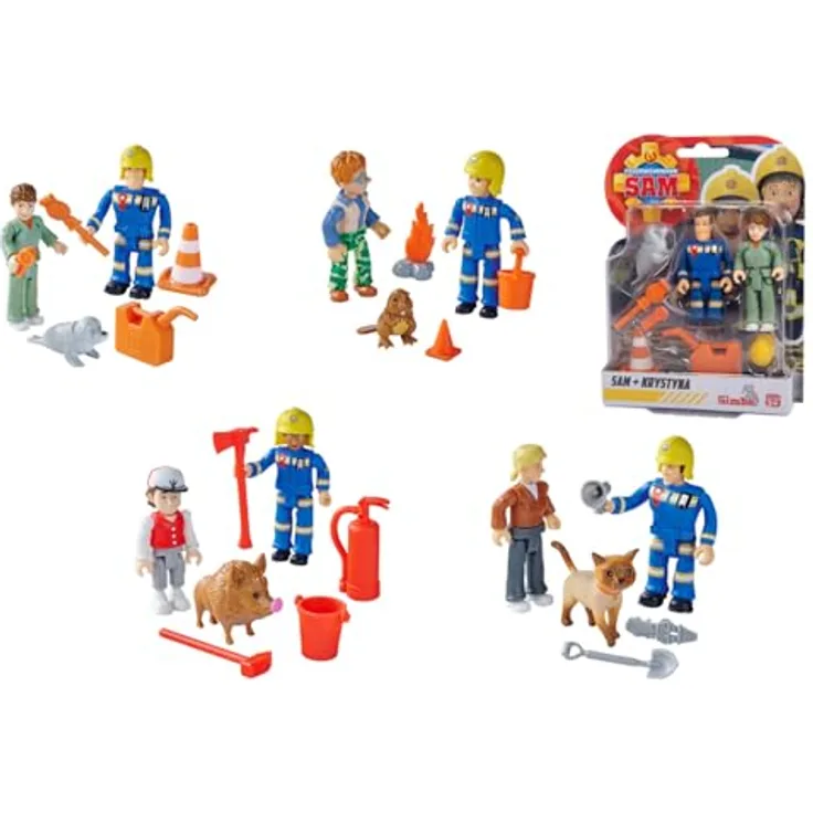 Simba Dickie Sam Figuren Doppelpack V, 4 Sortierungen, mit neuen Uniformen, 2 Figuren, 1 Tier und Zubehör, beweglich, 7,5 cm, für Kinder ab 3 Jahren