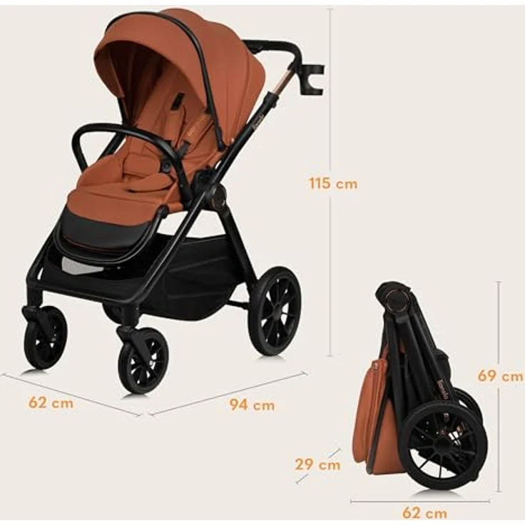 Lionelo LO-Layla 3in1 Kinderwagenset, Kombikinderwagen in Cognac, 3-teilig mit Babywanne, Babyschale und Sportwagenaufsatz, EN 1888, All-Terrain-Räder – Bild 10