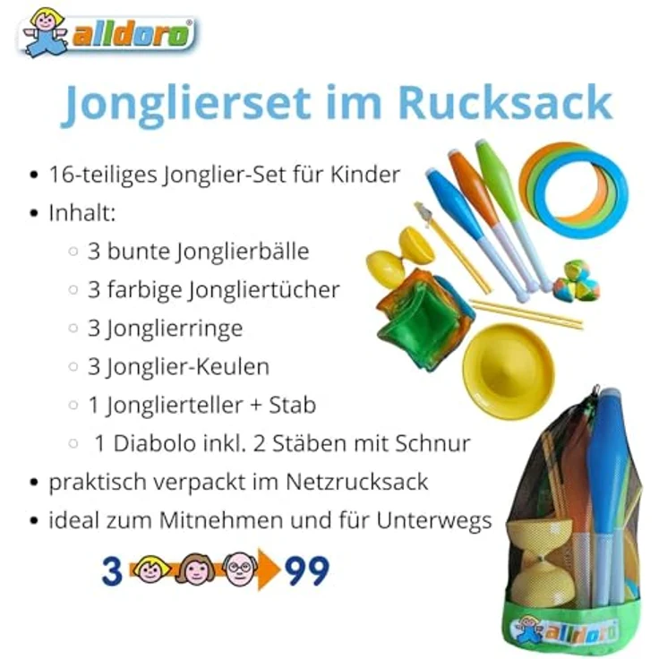 alldoro 60130 Jonglier-Set im Rucksack, 16-teiliges Jonglierspiel mit Diabolo für Kinder ab 3 Jahren, transportabel und vielseitig – Bild 2