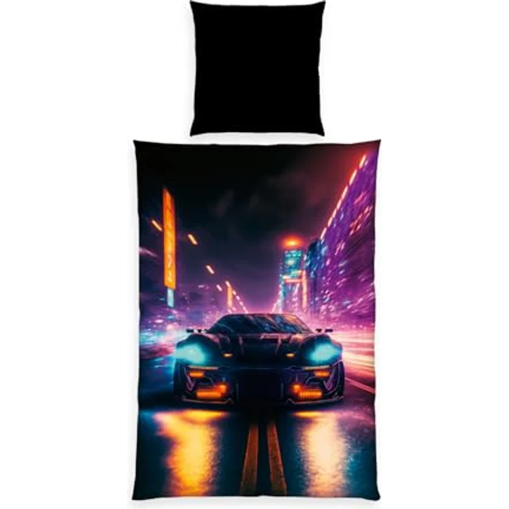 Herding Bettwäsche Neon Car, Young Collection, Kopfkissenbezug 80 x 80 cm mit Wende-Motiv, Bettbezug 135 x 200 cm, Mit Reißverschluss, 100% Polyester/Mikrofaser – Bild 1