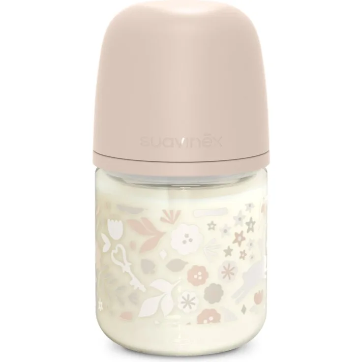 Suavinex Wonderland SX Pro Physiological Anti-Colic Glas Babyflasche S Slow Flow, 120 ml, Liberty Pink, reduziert Koliken und fördert stillähnliche Saugetechniken
