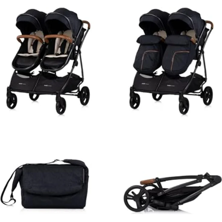 Chipolino Geschwisterkinderwagen Duo Smart klappbar umbaubar verstellbar Fußsack, Farbe: schwarz beige, Zwillingswagen ab Geburt, 22 kg je Sitz, lenkerbremse, 360° schwenk- oder feststellbare Vorderräder – Bild 3