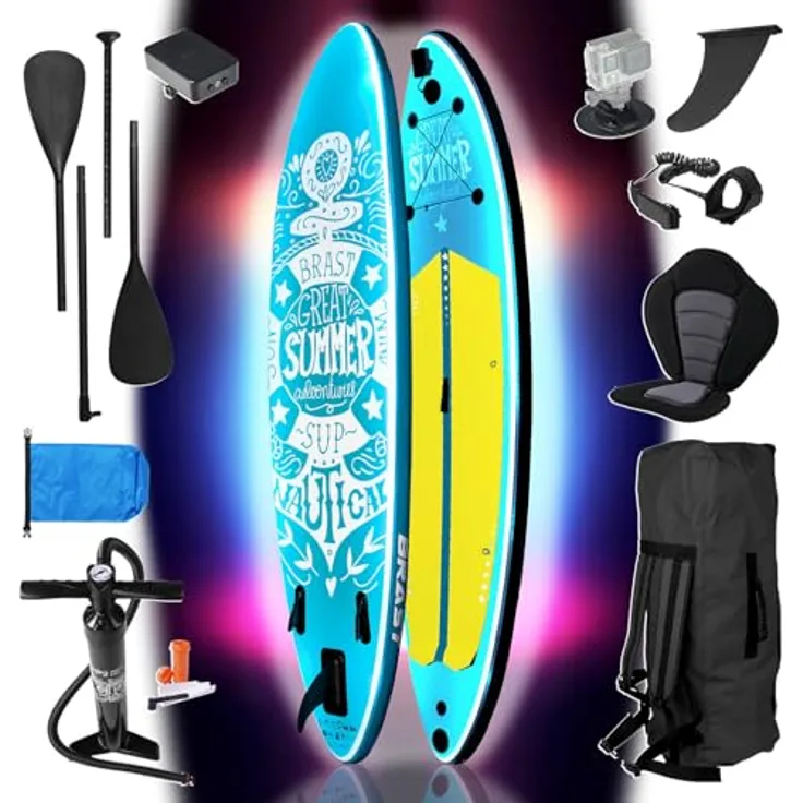 BRAST SUP Board mit LEDs, aufblasbares Stand Up Paddling Set 320x81x15cm, 10 Farben LED-Beleuchtung, 5 Jahre Garantie, inkl. 2in1 Paddel Kajak-Sitz, Action-Cam-Halterung, Fußschlaufe