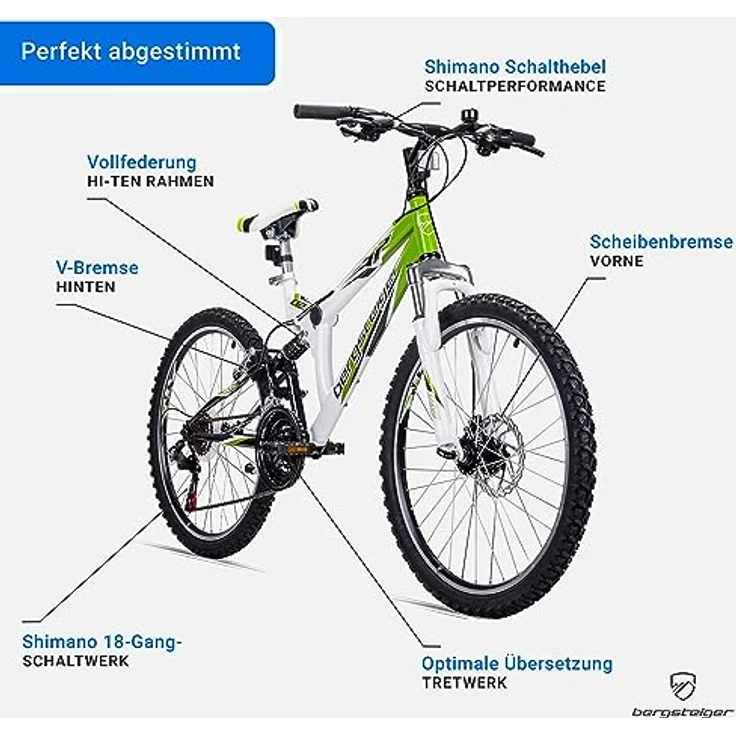 Bergsteiger Montreal 20, 24 Zoll Kinderfahrrad, geeignet fr 6,7, 8, 9, 10,  11, 12, 13 Jahre, Shimano 18 Gang-Schaltung, Mountainbike mit Vollfederung,  Jungen-Fahrrad, Mdchen-Fahrrad: Tests, Infos & Preisvergleich