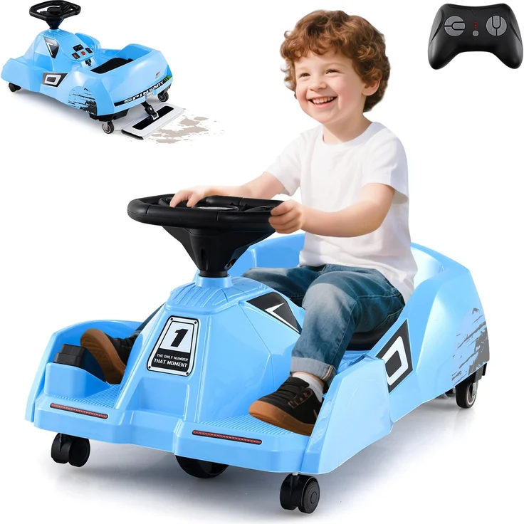 COSTWAY 3 in 1 Reinigungs Kinder Elektro Gokart, 12V Fahrzeug mit Mopp, Musik, Fernbedienung & Hupe, blau, für Kinder 2-5 Jahre