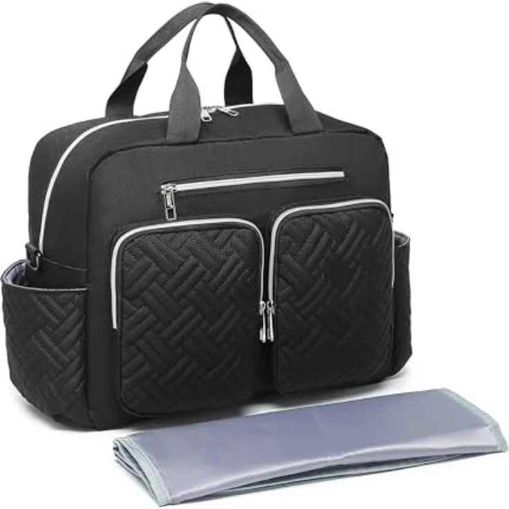 KONO Wickeltasche Windeltasche für Kinderwagen, große wasserdichte Reisetasche mit isolierten Fächern und Wickelauflage, leicht, Schwarz (37x37x14,5 cm) – Bild 1